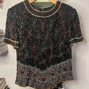 Vintage Flower and Heart Beaded Silk Top Size M